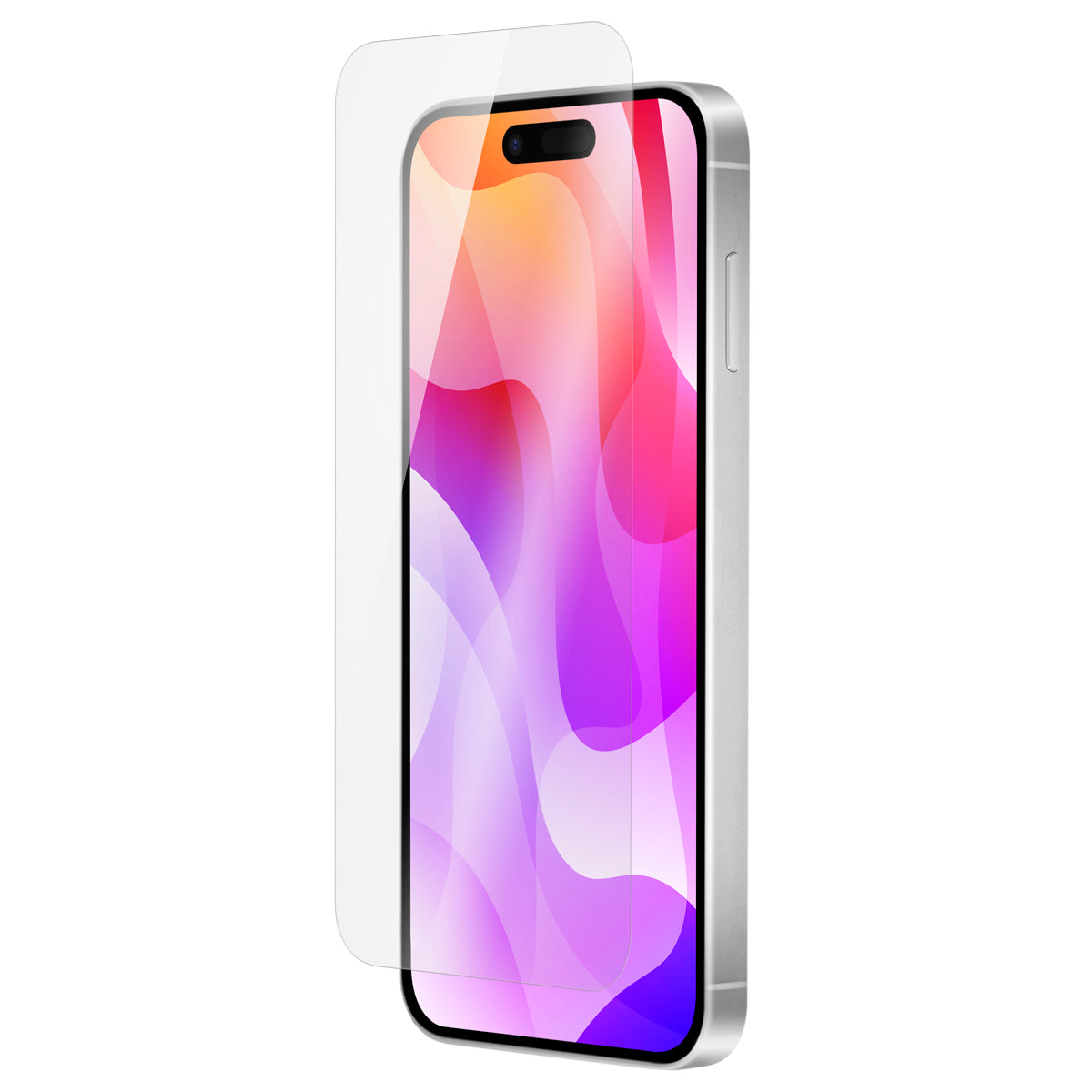 OptiGuard Eco Glass - Apple iPhone 16 Plus, iPhone 15 Plus Screen Protector - Clear, Left Angled Front View with Screen Protector applied on the Display of the Phone