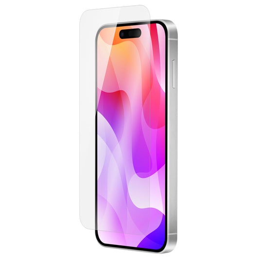 OptiGuard Eco Glass - Apple iPhone 16 Plus, iPhone 15 Plus Screen Protector - Clear, Left Angled Front View with Screen Protector applied on the Display of the Phone