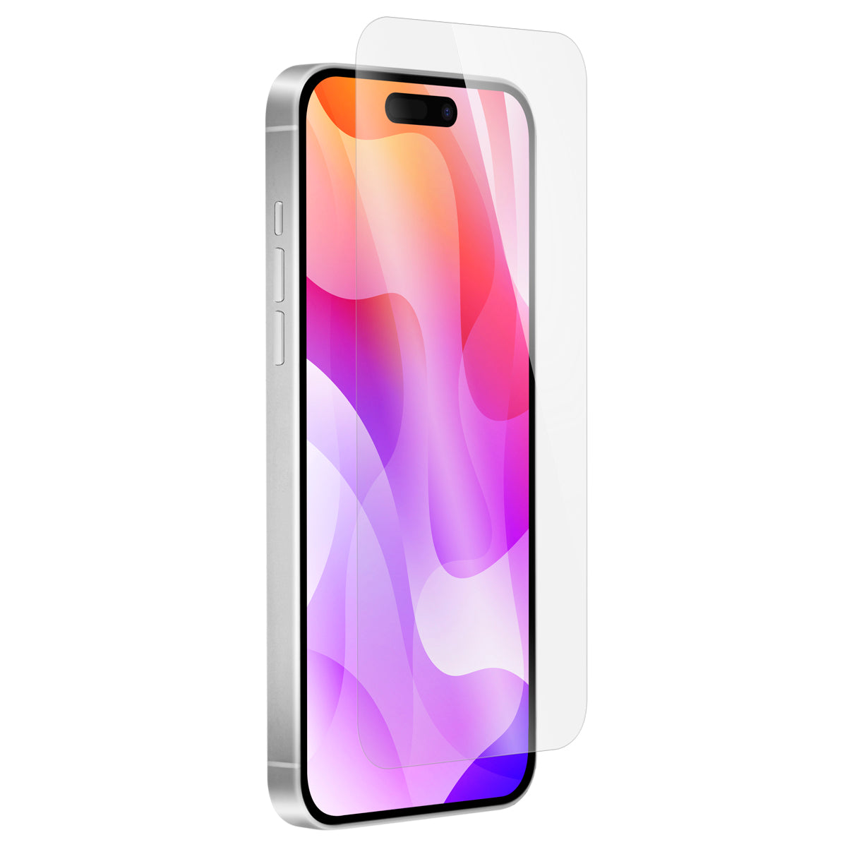 OptiGuard Eco Glass - Apple iPhone 16 Plus, iPhone 15 Plus Screen Protector - Clear, Right  Angled Front View with Screen Protector applied on the Display of the Phone