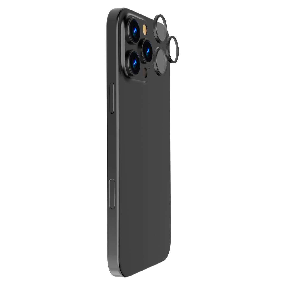 OptiRings - Apple iPhone 16 Pro, iPhone 16 Pro Max Camera Lens Protector - Black Titanium, Right Angled Zoom Out View of Camera Lens Protector applied to the Phone