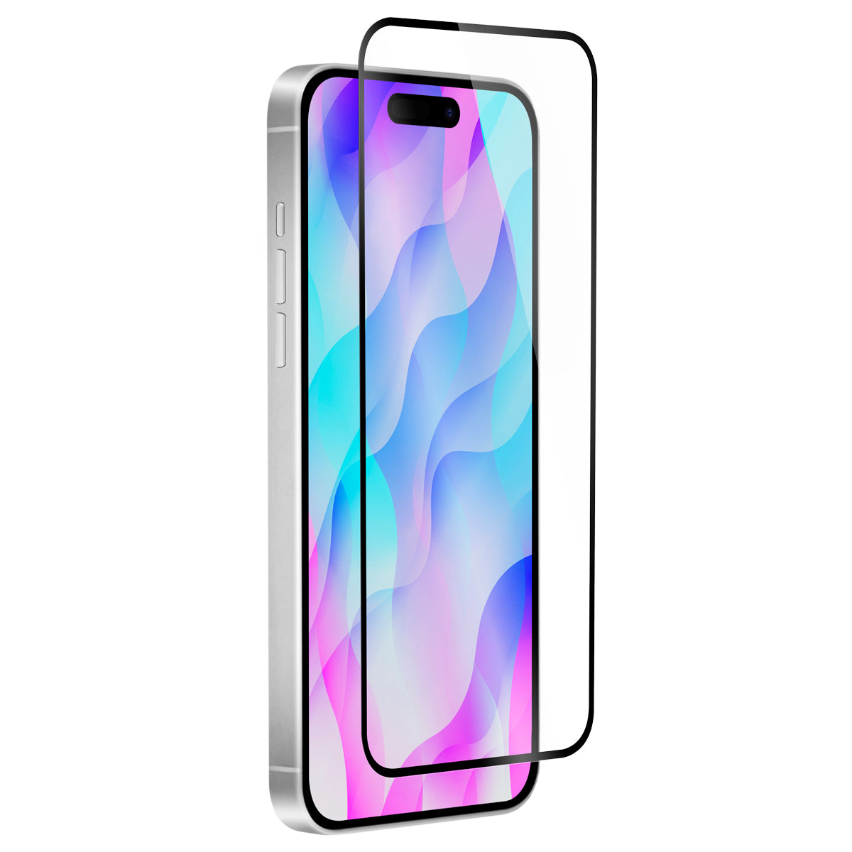 OptiGuard Eco Glass Plus - Apple iPhone 16, iPhone 15 Screen Protector - Clear with Black Frame, Right Angled Front View with Screen Protector applied on the Display of the Phone