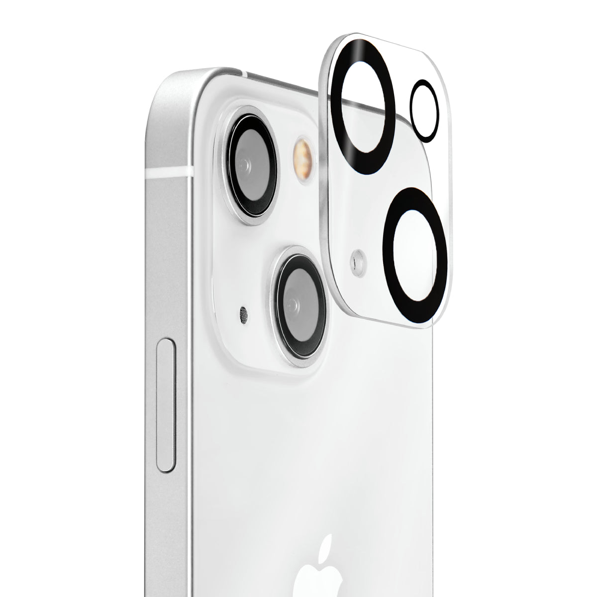OptiGuard - Apple iPhone 15, iPhone 15 Plus Camera Lens Protector - Clear, Right Angled Close Up View of Camera Lens Protector apply to the Phone