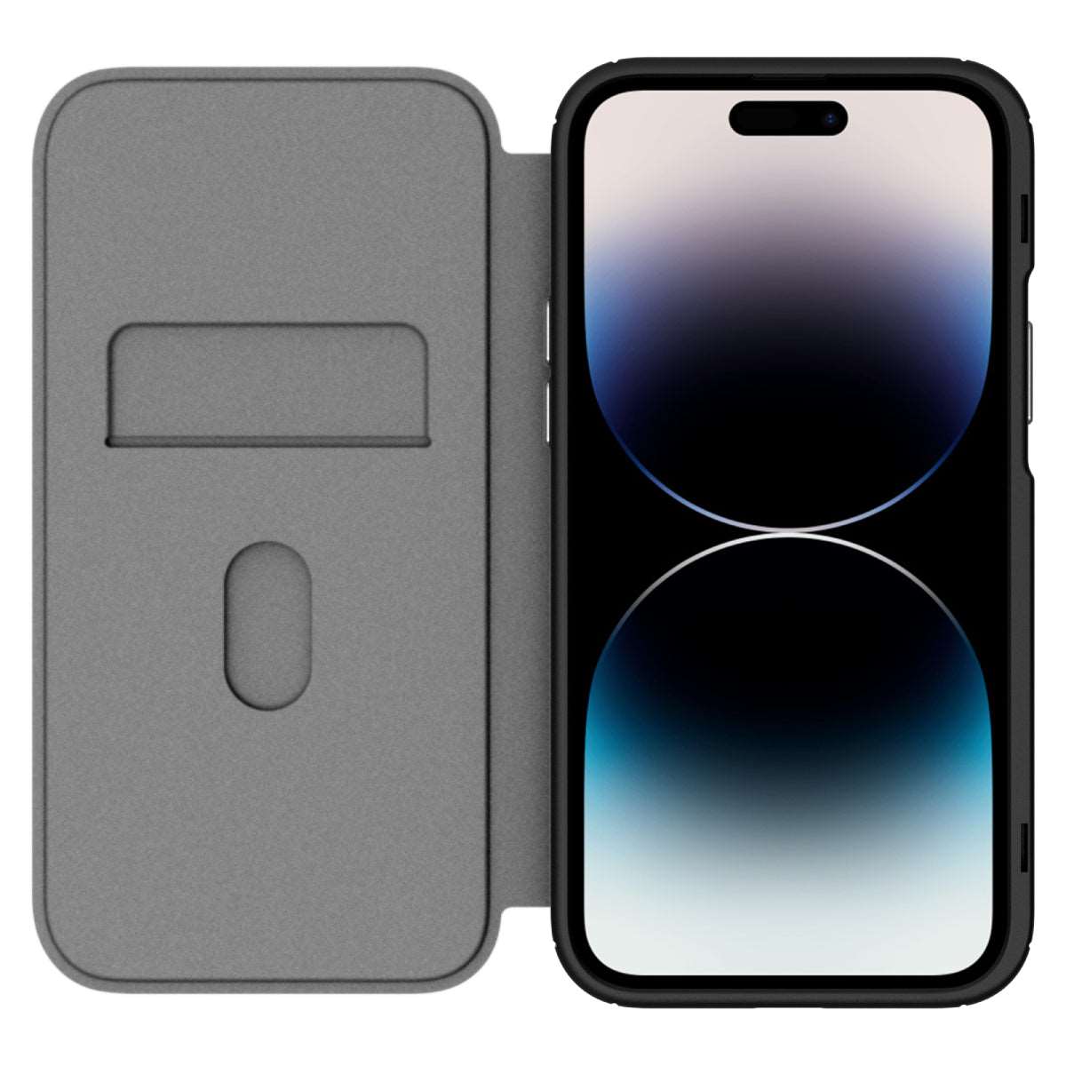 Hybrid Fold + Snap - Apple iPhone 14 Pro Wallet Case MagSafe Compatible - Clear Black, Front View with phone and front cover fully opened