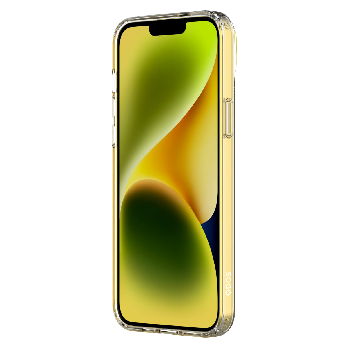 Hybrid - Apple iPhone 14 Plus - Clear, Angled Front View with yellow iPhone 14 Plus and Screen Display On