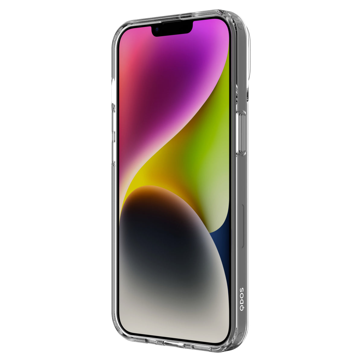 Hybrid - Apple iPhone 14 Plus - Clear, Angled Front View with black iPhone 14 Plus and Screen Display On