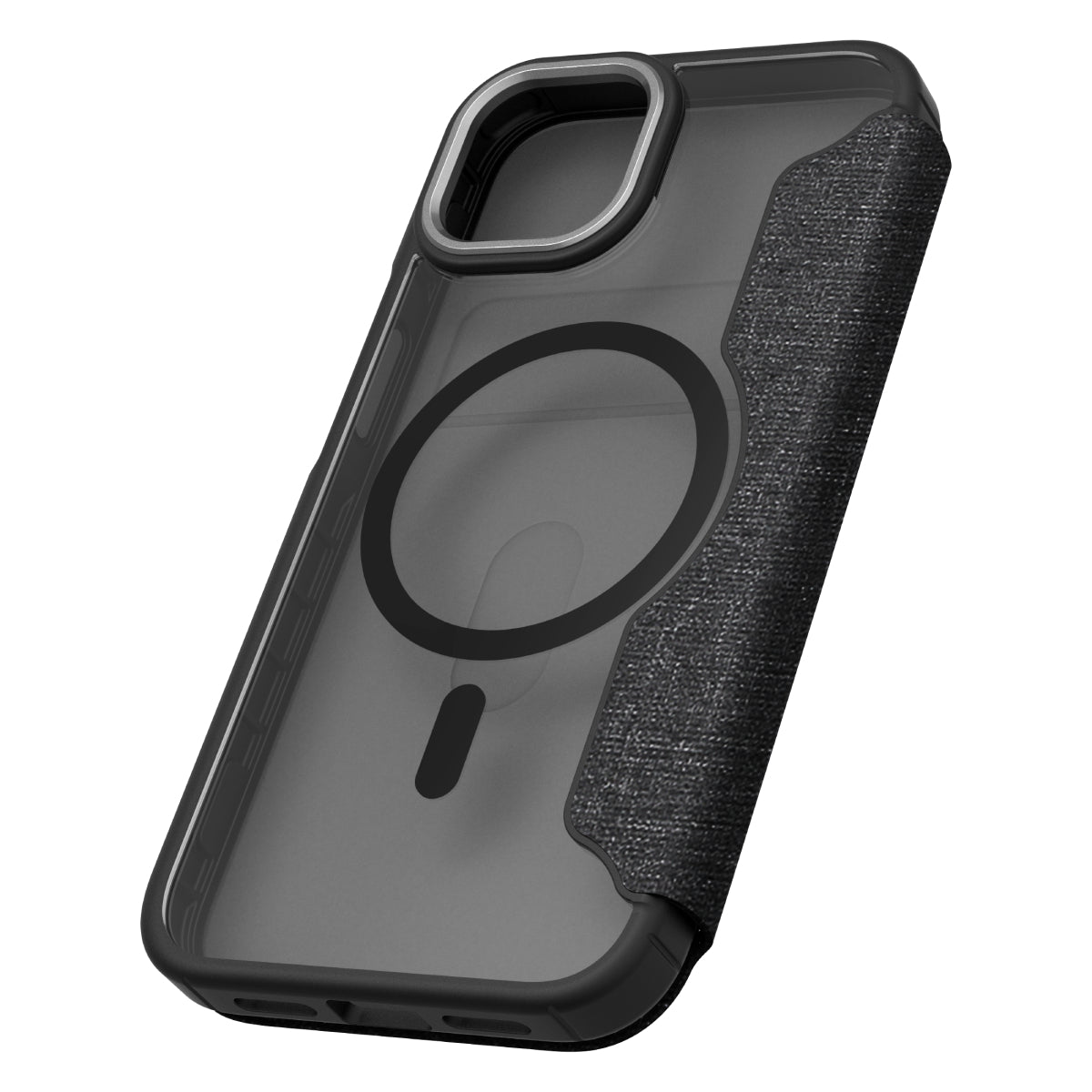 Hybrid Fold + Snap - Apple iPhone 14, iPhone 13 Wallet Case MagSafe Compatible - Clear Black, Angled Rear View Transparent Back Without Phone