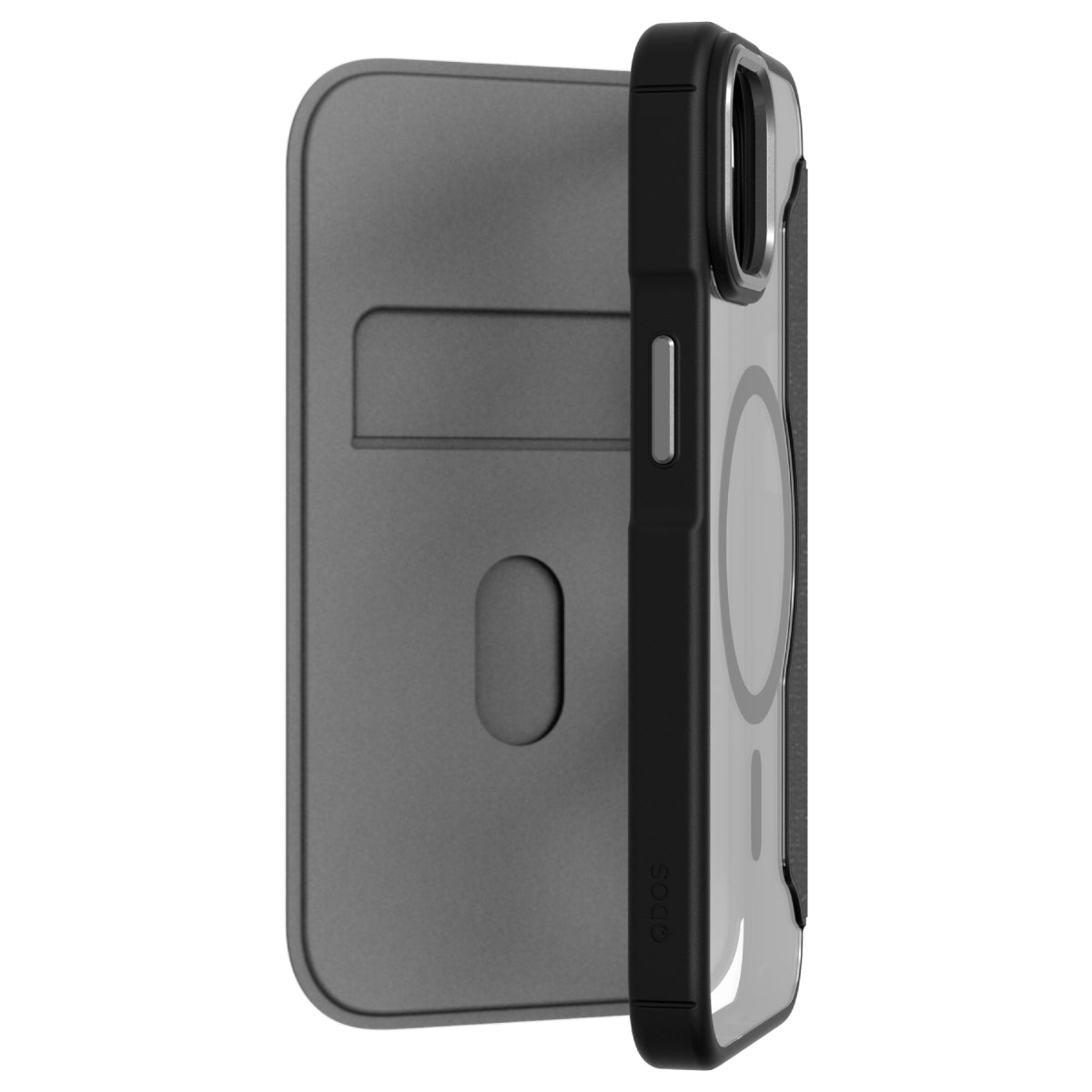 Hybrid Fold + Snap - Apple iPhone 14, iPhone 13 Wallet Case MagSafe Compatible - Clear Black, Angled Rear View Transparent Back Without Phone