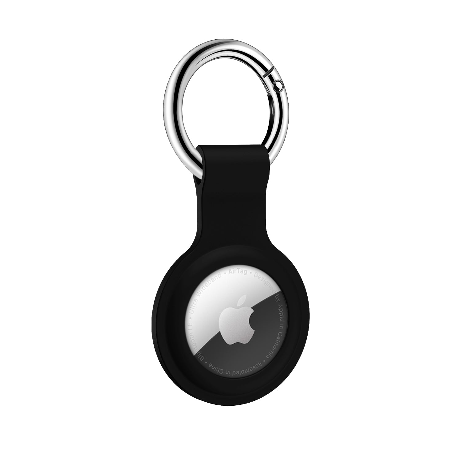 Apple AirTag with a black silicone case and metal keyring attachment. The sleek, circular design prominently displays the reflective Apple logo in the center, ideal for securing to keys or bags.