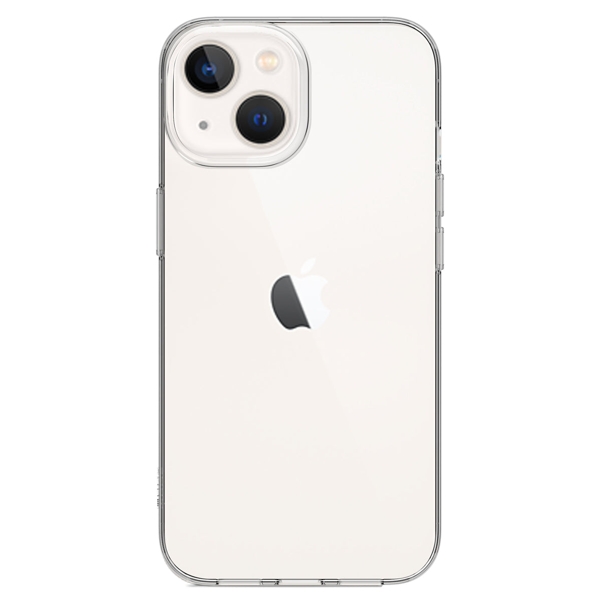 Back view of a clear iPhone 13 Mini case showcasing the phone's original design. The case features precise cutouts for the dual camera system, raised edges for enhanced protection, and easy access to the side buttons, offering a slim and transparent look.