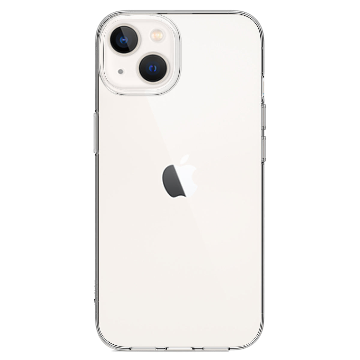 Back view of a clear iPhone 13 case showcasing the phone's original design. The case offers precise cutouts for the dual camera system, raised edges for enhanced protection, and easy access to side buttons, providing a slim and transparent look.