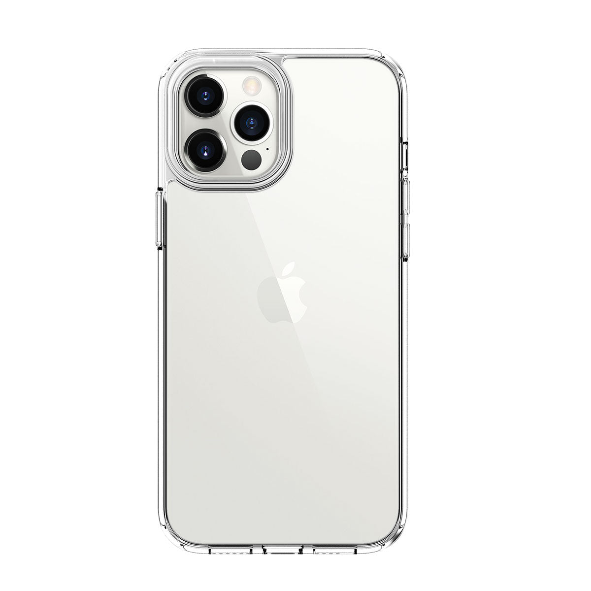 Back view of a clear iPhone 12 Pro Max case with precise cutouts for the triple camera system. The case features raised edges for added protection and allows full visibility of the phone’s original design while providing easy access to side buttons.