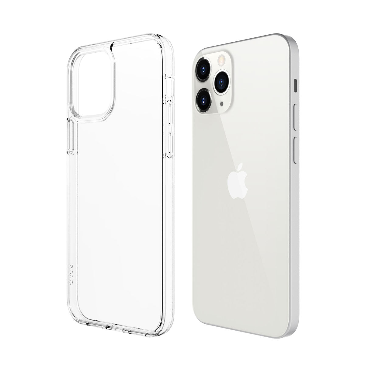 Back and side view of a clear iPhone 12 Pro case. The case offers precise cutouts for the triple camera system and buttons, allowing easy access. Its transparent design showcases the phone's original color while providing slim protection.