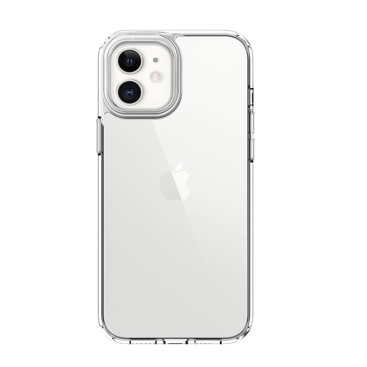 Back view of a clear iPhone 12 Mini case showcasing the phone's original design. The case features precise cutouts for the dual camera system, raised edges for added protection, and easy access to the side buttons, providing a slim and transparent look.