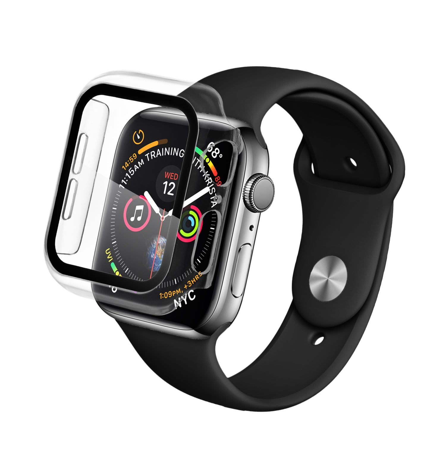 Apple Watch with a protective Infinity Glass cover being applied. The watch displays fitness activity rings, temperature, and training details on the screen, with a sleek black band and a stainless steel case.