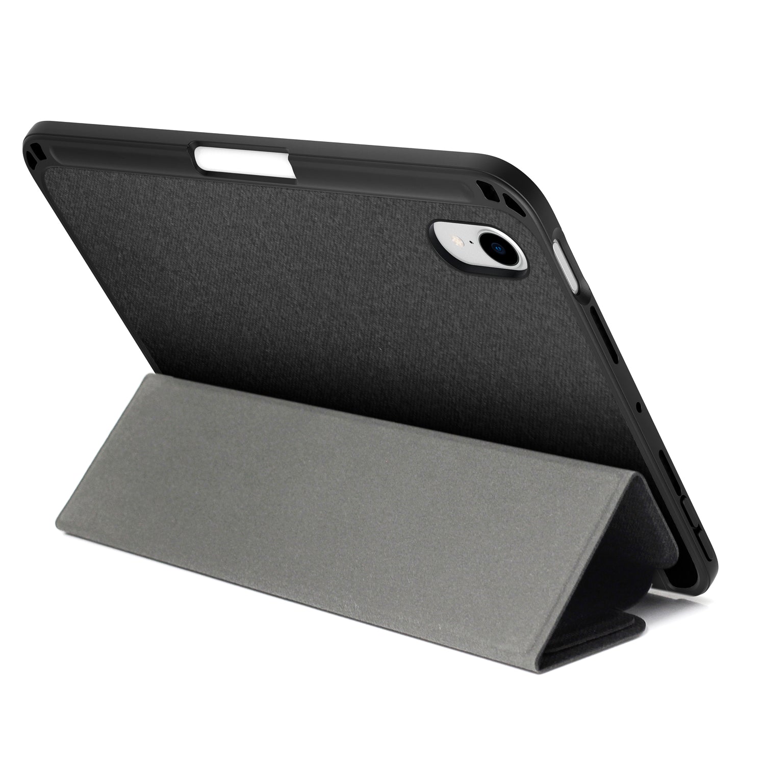iPad Mini 6 in landscape mode supported by a grey foldable stand case with a textured back and black edges, providing both protection and functionality. The case design includes precise cutouts for the camera and Apple Pencil.