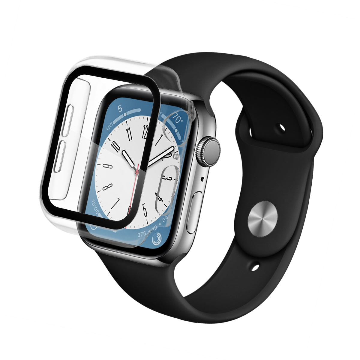 Apple Watch Series 9 with a protective Infinity Glass cover being applied. The watch has a sleek black band, stainless steel case, and displays a minimalist white analog watch face with health metrics and UV index.