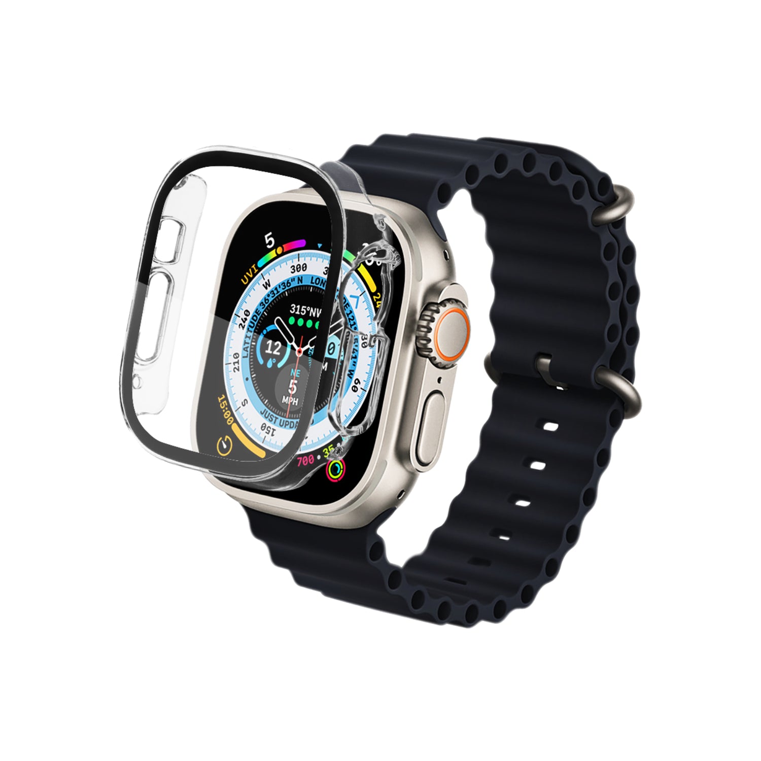 Alt text: Apple Watch Ultra with QDOS Infinity Glass protective case putting on it