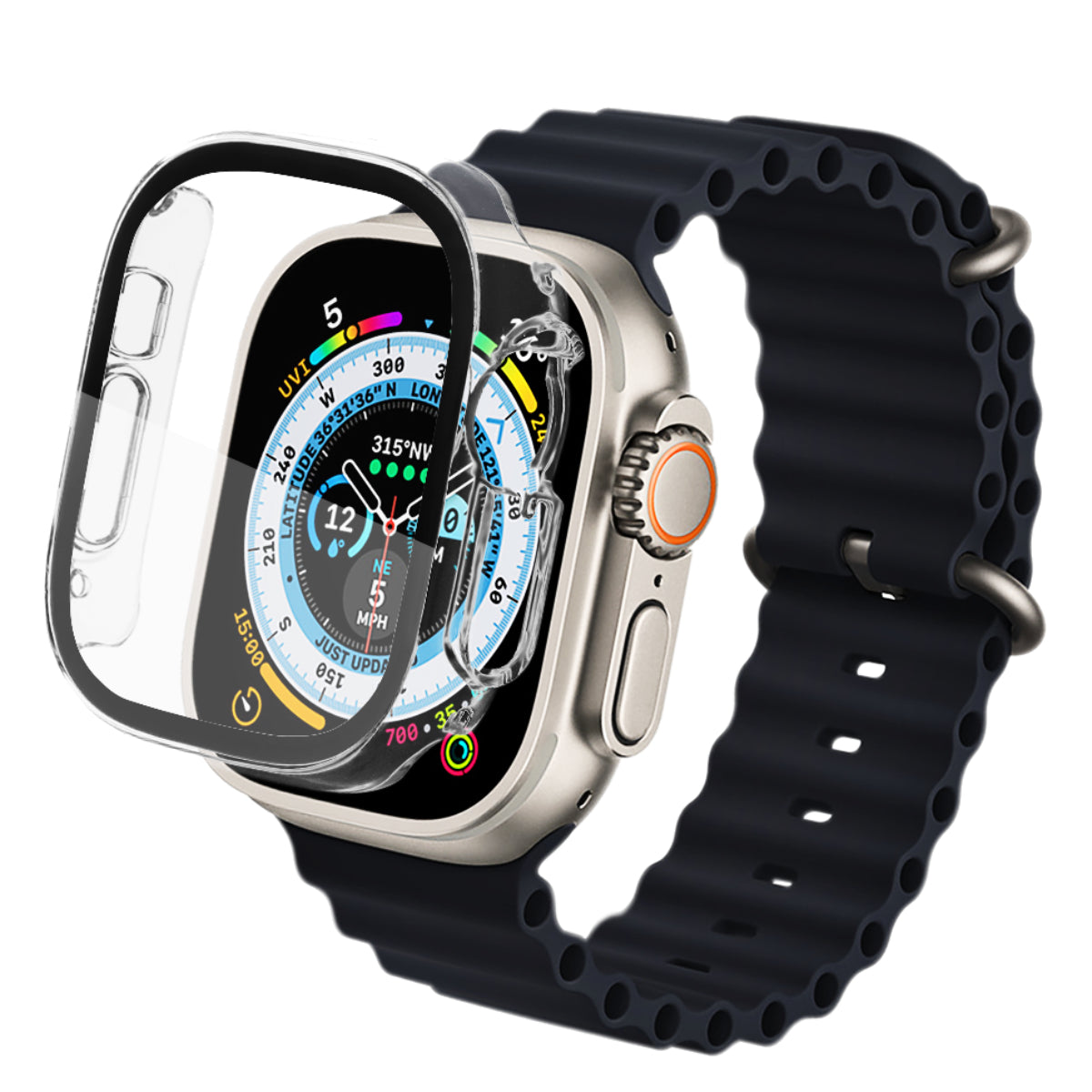 Apple Watch Ultra 2 with a protective, transparent Infinity Glass cover being applied. The watch has a rugged black band and a titanium case, displaying a vibrant multi-functional dial with data such as compass, altitude, and various health metrics