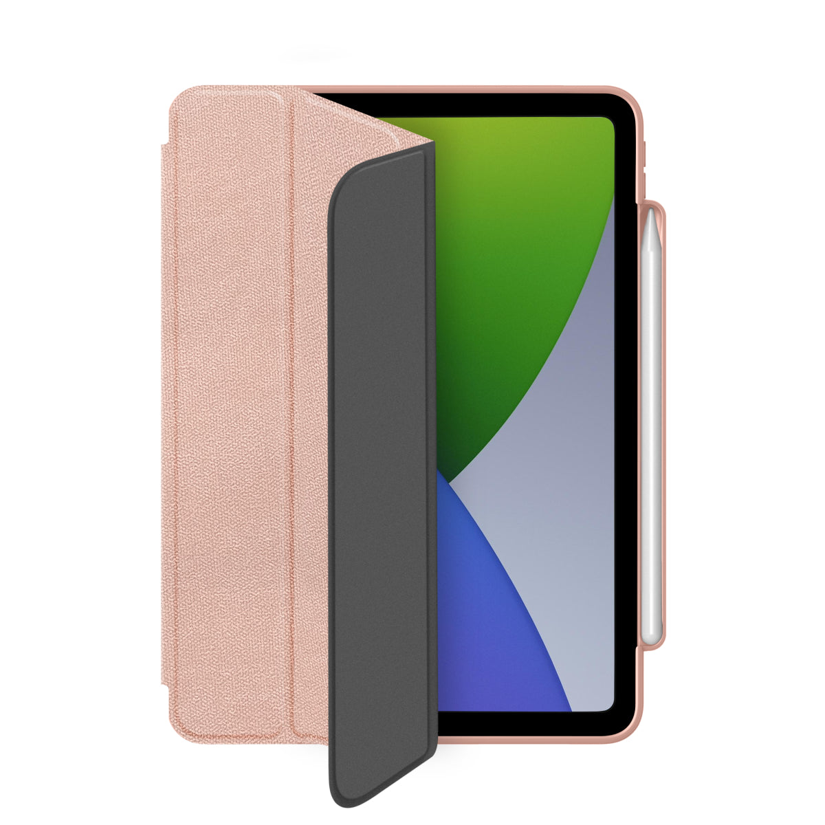 Pink tablet case with a foldable front cover, revealing part of the iPad screen. The case includes a slot for the Apple Pencil on the side, providing a sleek and functional design for protection and portability.