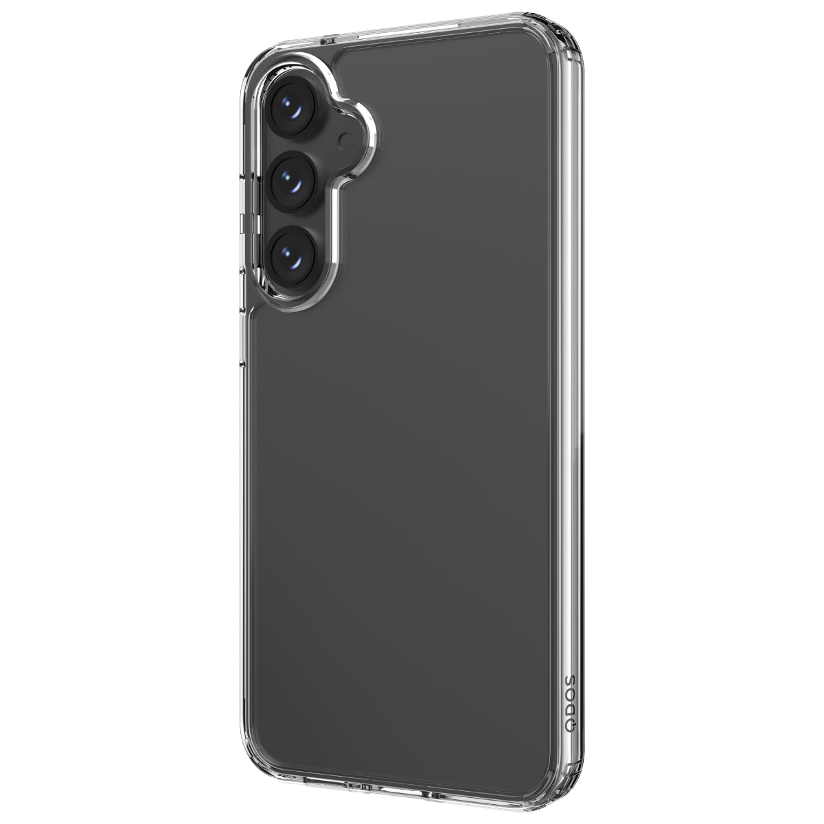 This image displays a Samsung Galaxy S23 FE 5G inside a transparent QDOS Hybrid case. The case showcases the phone’s black back and triple-camera layout. The case offers corner protection, with the QDOS logo etched subtly at the bottom edge.