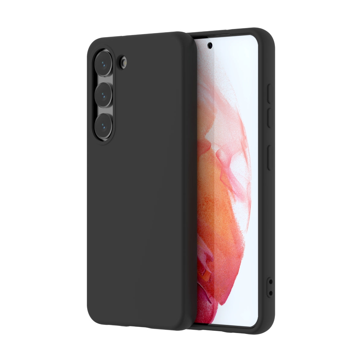 Black protective case on a Samsung Galaxy S23, showcasing the triple rear-camera system and the screen's punch-hole selfie camera. The case provides full coverage while keeping the phone's minimalist design intact.