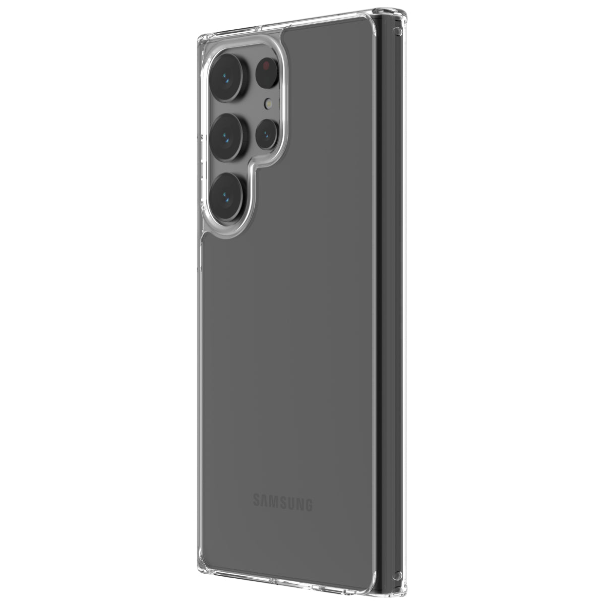 This image showcases a Samsung Galaxy S23 Ultra encased in a transparent QDOS Hybrid case. The clear case highlights the phone's black color and quad-camera setup, providing edge protection while maintaining the sleek design of the device.