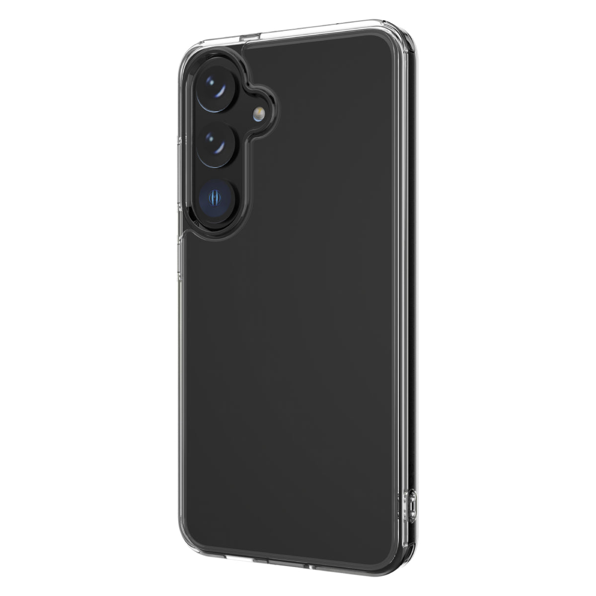 Clear protective case on the Samsung Galaxy S24 5G, showcasing the phone's rear triple-camera system. The slim case offers edge-to-edge transparency, allowing the black color of the device to show through while providing protection.