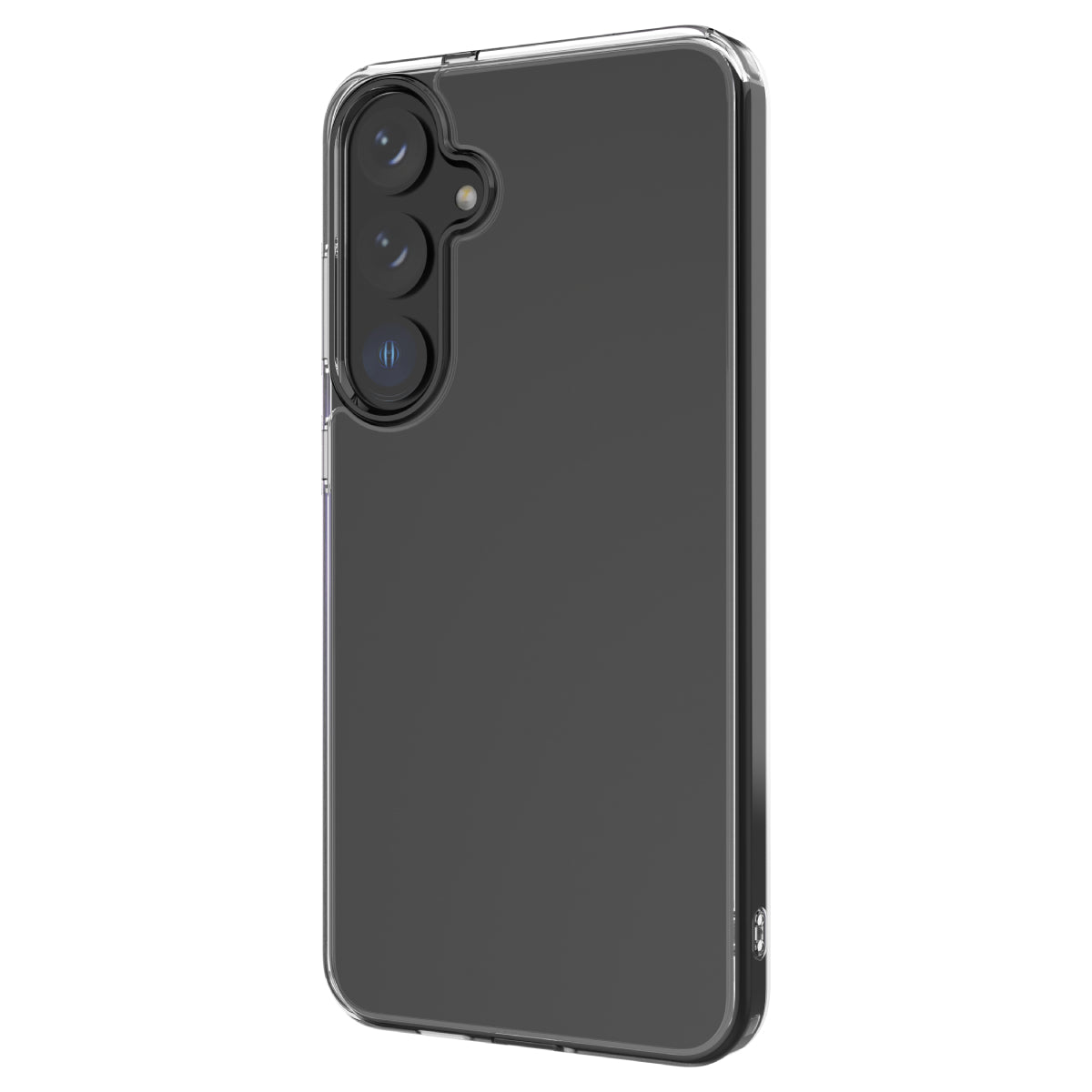 Clear protective case on the Samsung Galaxy S24 Plus 5G, showcasing the phone's rear triple-camera system. The slim case offers edge-to-edge transparency, allowing the black color of the device to show through while providing protection.