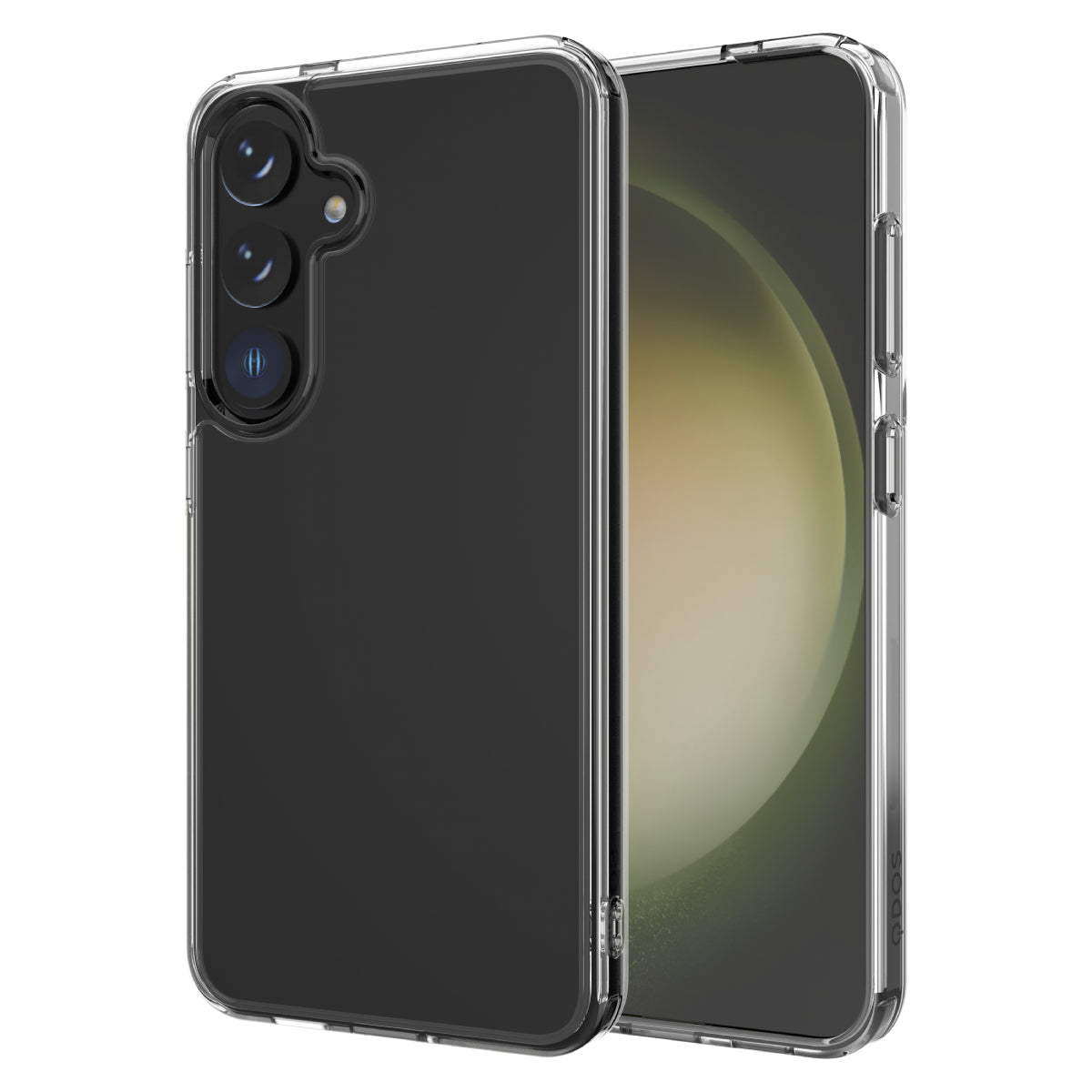 Clear protective case on a Samsung Galaxy S24 5G, showcasing the phone's rear triple-camera system. The case highlights the phone's sleek, black design with transparent edges, ensuring protection while maintaining the device's aesthetic.