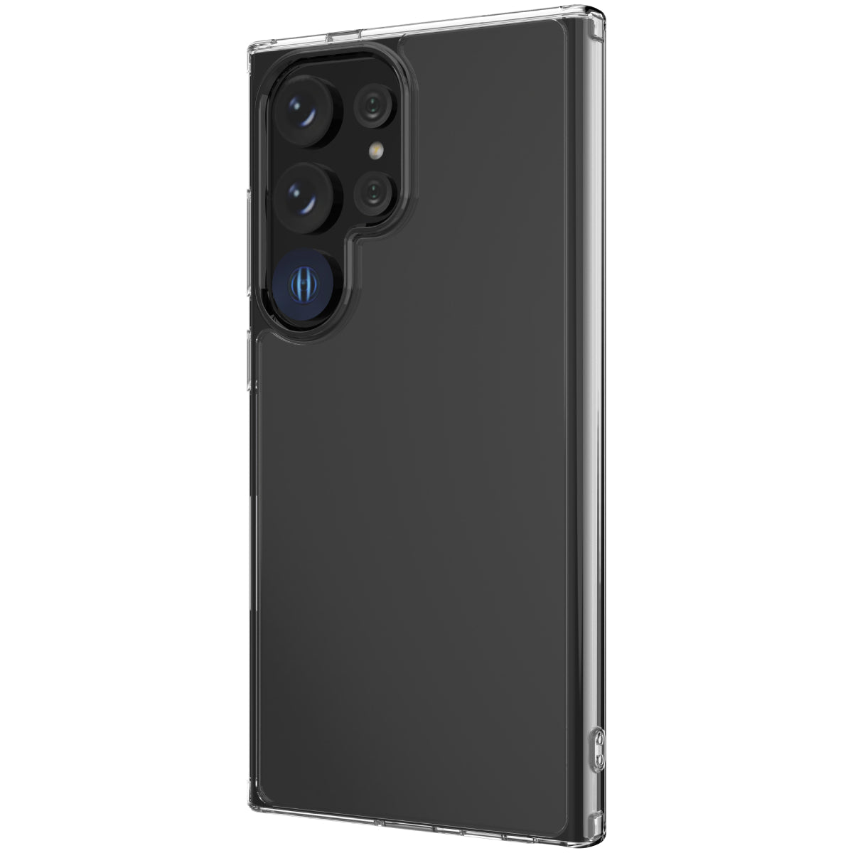 Clear protective case on the Samsung Galaxy S24 Ultra 5G, highlighting the phone's large rear quad-camera system. The slim, transparent design allows the device's black color to remain visible while offering full edge protection.