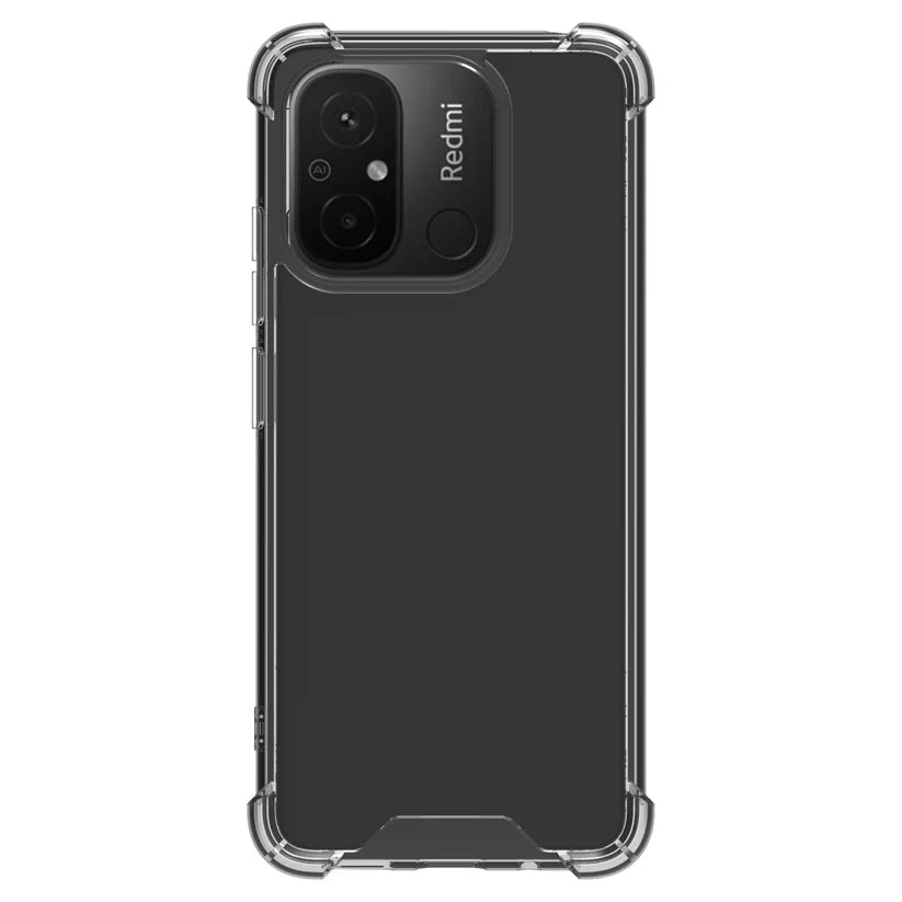 Clear protective case for Xiaomi Redmi 12C with reinforced corners for shock absorption. Transparent back highlights the phone's design and camera layout. Precise cutouts provide easy access to buttons, camera, and ports.