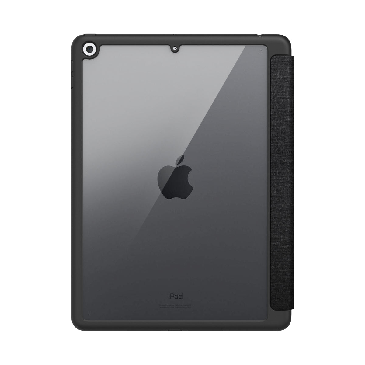 Back view of an iPad 10.2” in a clear protective case with a grey fabric spine. The transparent design highlights the Apple logo, providing stylish protection and enhanced durability while keeping the camera and edges fully protected.