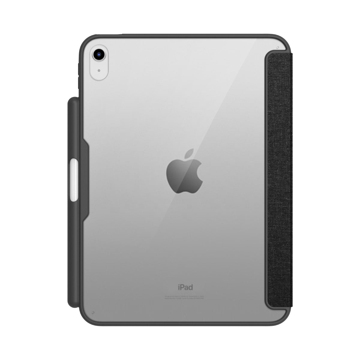 Back view of an iPad 10.9” in a clear protective case with a grey fabric spine. The case showcases the Apple logo while providing a secure space for the Apple Pencil on the left, combining style and functionality.