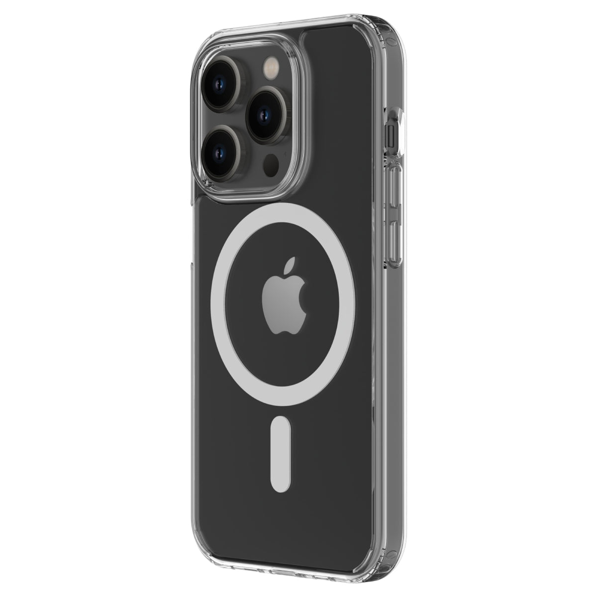 Clear iPhone 14 Pro case with MagSafe ring, showcasing the phone's black back. The case has precise cutouts for the triple camera, raised edges for extra protection, and fully accessible side buttons for easy use.