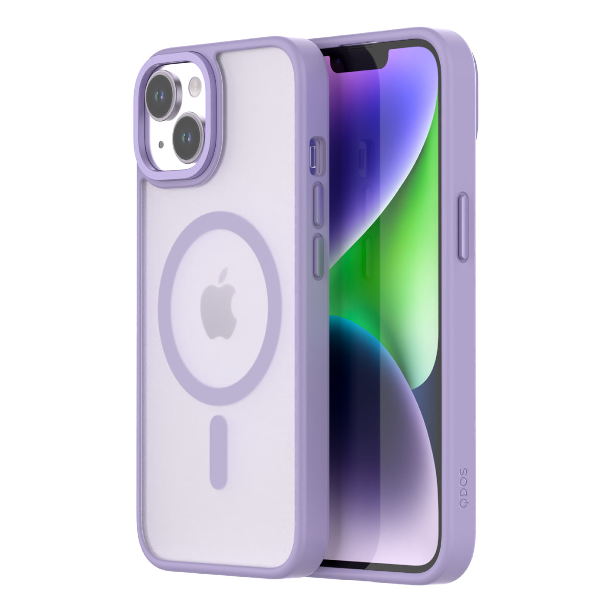 Front and back view of a lavender iPhone 14 case with a soft bumper and clear back. It features a MagSafe ring for wireless charging, precise cutouts for the dual cameras and buttons, and a sleek design with the QDOS logo subtly engraved on the side.