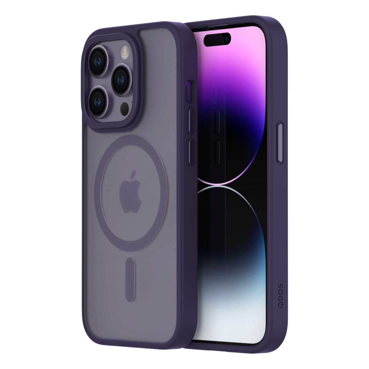 Front and back view of a deep purple iPhone 14 Pro case with a soft bumper and clear back. The case features a MagSafe ring, precise cutouts for the triple camera, raised edges for extra protection, and easy access to side buttons. QDOS logo visible.