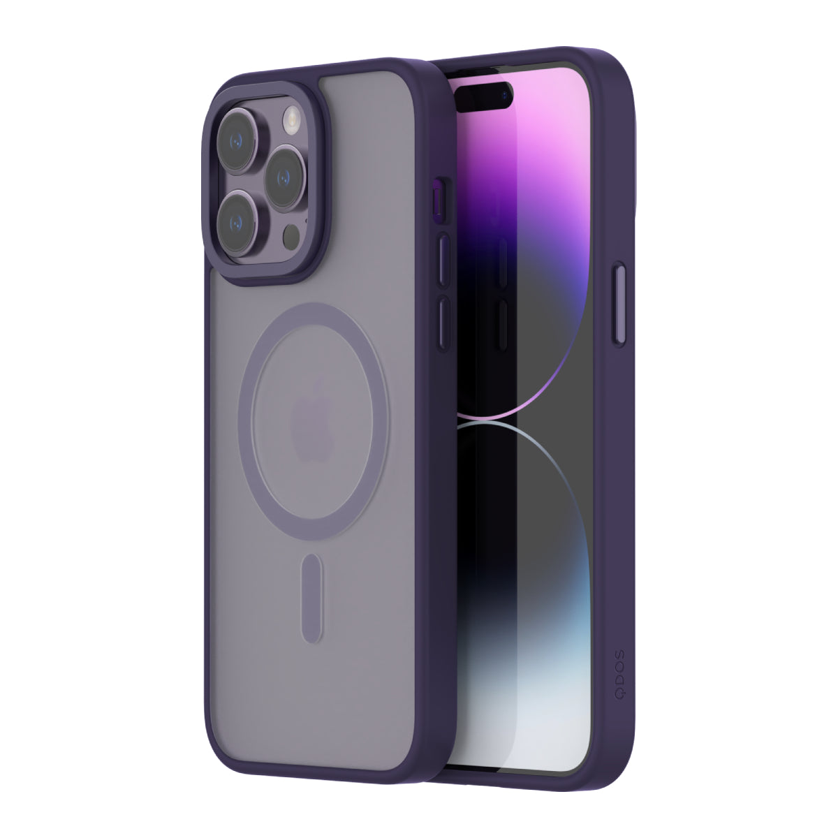 Front and back view of a deep purple iPhone 14 Pro Max case with a soft bumper and clear back. The case features a MagSafe ring, raised edges for protection, precise cutouts for the triple camera system, and easy access to side buttons. QDOS logo visible.