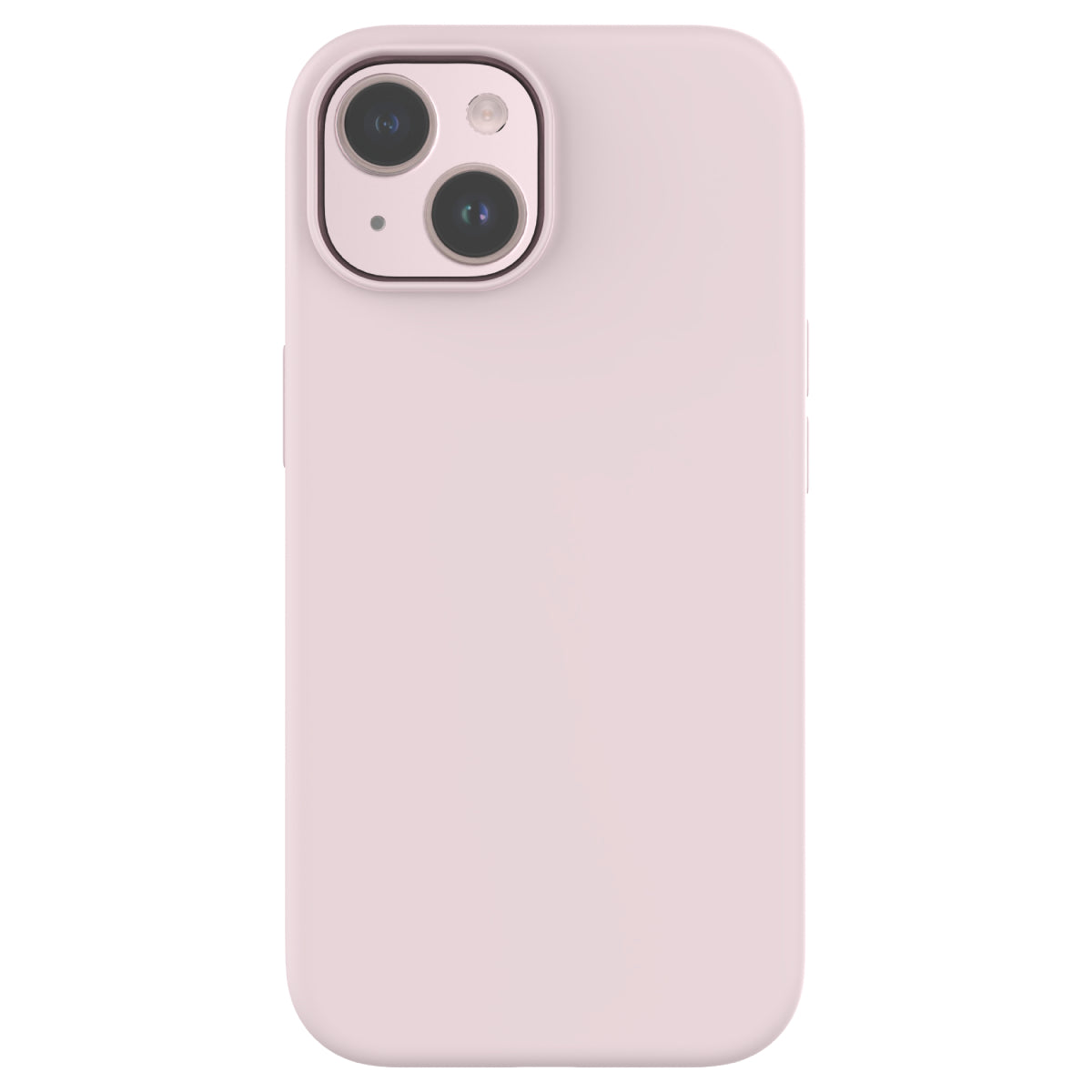 Back view of a pink iPhone 15 Plus case with a smooth matte finish. The case offers precise cutouts for the dual camera system, raised edges for added protection, and easy access to the side buttons. Its minimalist design provides a sleek, elegant look.