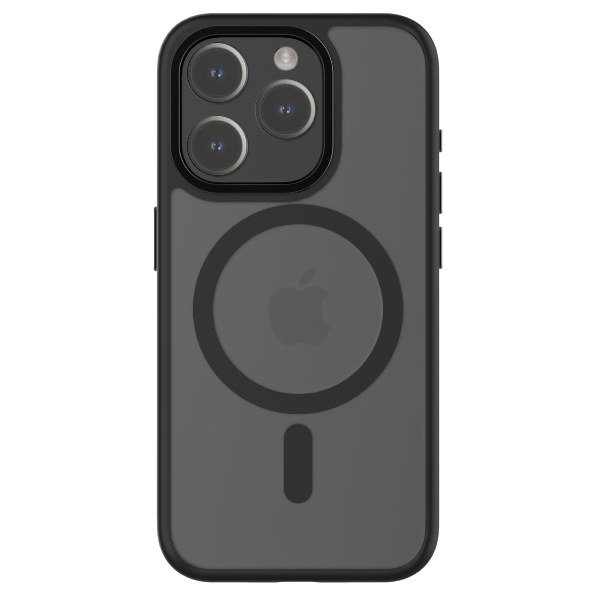 Back view of a black iPhone 15 Pro case featuring a clear back with a MagSafe-compatible ring. The case includes precise cutouts for the triple camera system, raised edges for added protection, and easy access to side buttons, offering a sleek design.