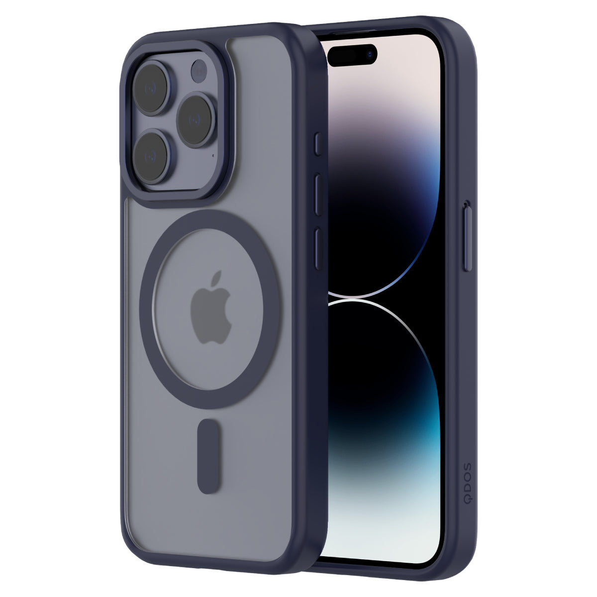 Front and back view of a blue iPhone 15 Pro case featuring a clear back with a MagSafe ring, precise cutouts for the triple camera system, raised edges for added protection, and easy access to the side buttons, providing a sleek, protective design.