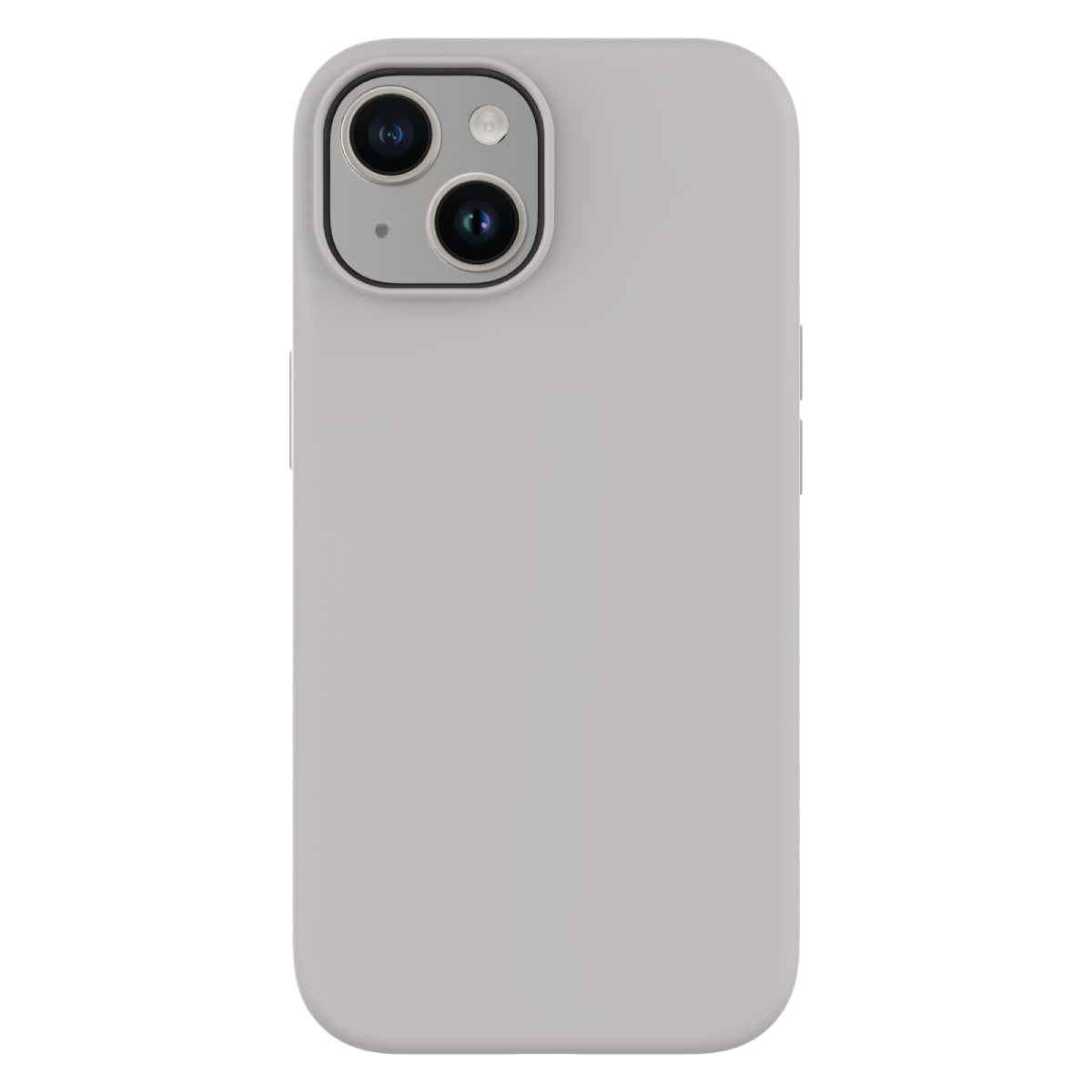 Back view of a grey iPhone 15 case with a smooth matte finish. The case features precise cutouts for the dual camera system, raised edges for added protection, and easy access to the side buttons. The minimalist design offers sleek and durable protection.
