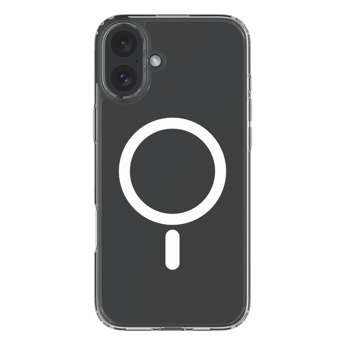 Back view of a clear iPhone 16 Plus case featuring a MagSafe-compatible ring. The case offers precise cutouts for the dual camera system, raised edges for enhanced protection, and easy access to side buttons while showcasing the phone's original color.