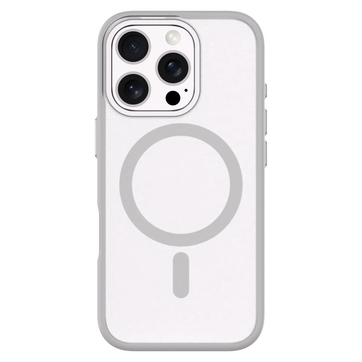 Back view of a clear iPhone 16 Pro Max case featuring a MagSafe ring. The case offers precise cutouts for the triple camera system, raised edges for enhanced protection, and easy access to side buttons, showcasing the phone's natural titanium color.