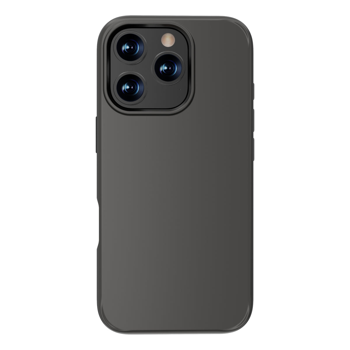 Back view of a black iPhone 16 Pro case featuring a smooth matte finish. The case offers precise cutouts for the triple camera system, raised edges for enhanced protection, and easy access to the side buttons, providing a minimalist and sleek design.