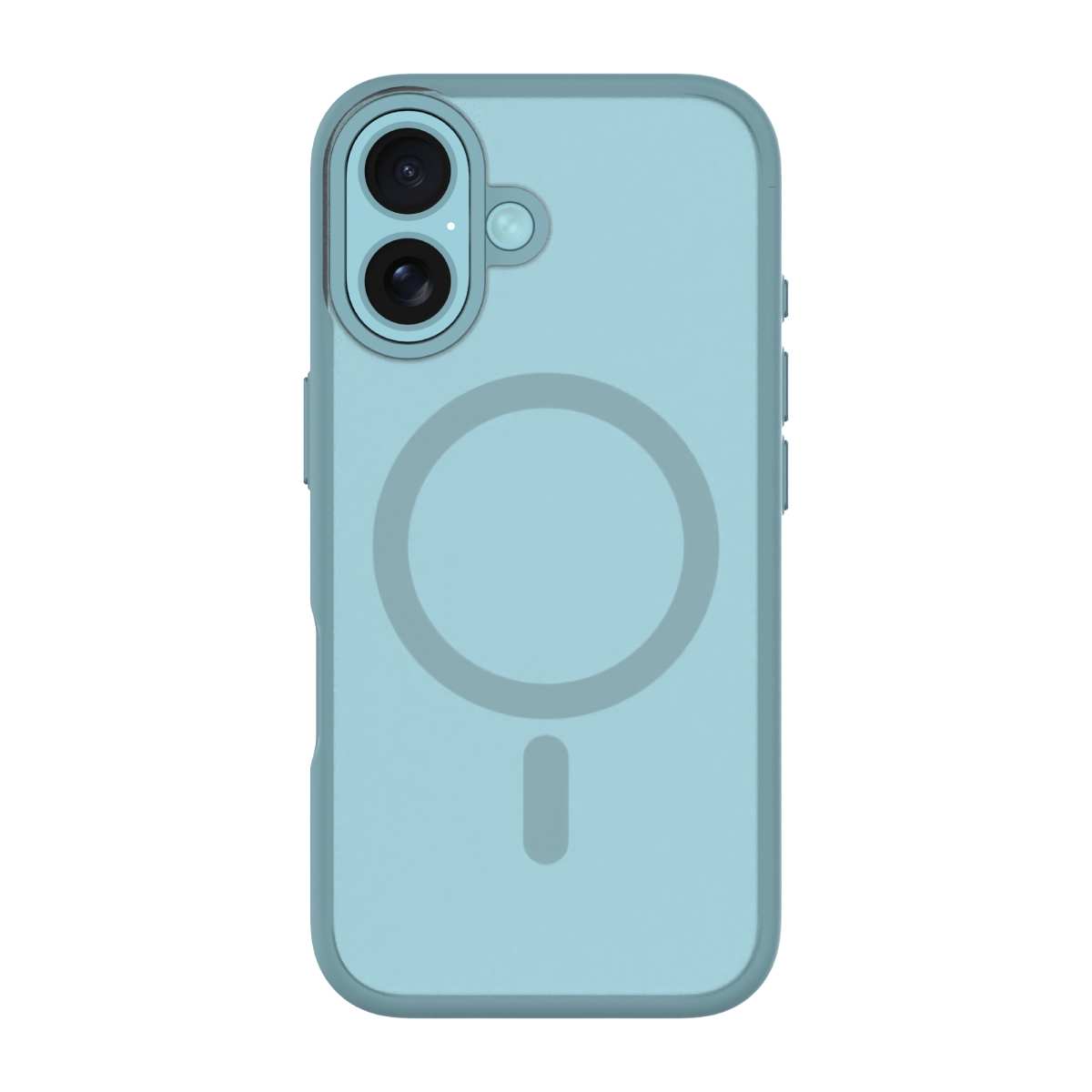 Back view of a green iPhone 16 case featuring a soft, protective bumper and a MagSafe-compatible ring. The case has precise cutouts for the dual camera system, raised edges for added protection, and accessible side buttons.