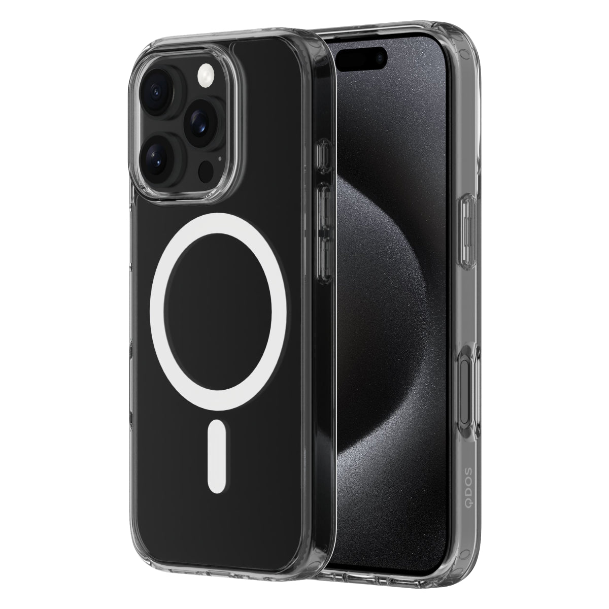 Clear iPhone 16 Pro case with MagSafe ring, showcasing the phone’s black back. The case has precise cutouts for the triple camera system, raised edges for protection, and easy access to side buttons. The QDOS logo is visible along the bottom side.