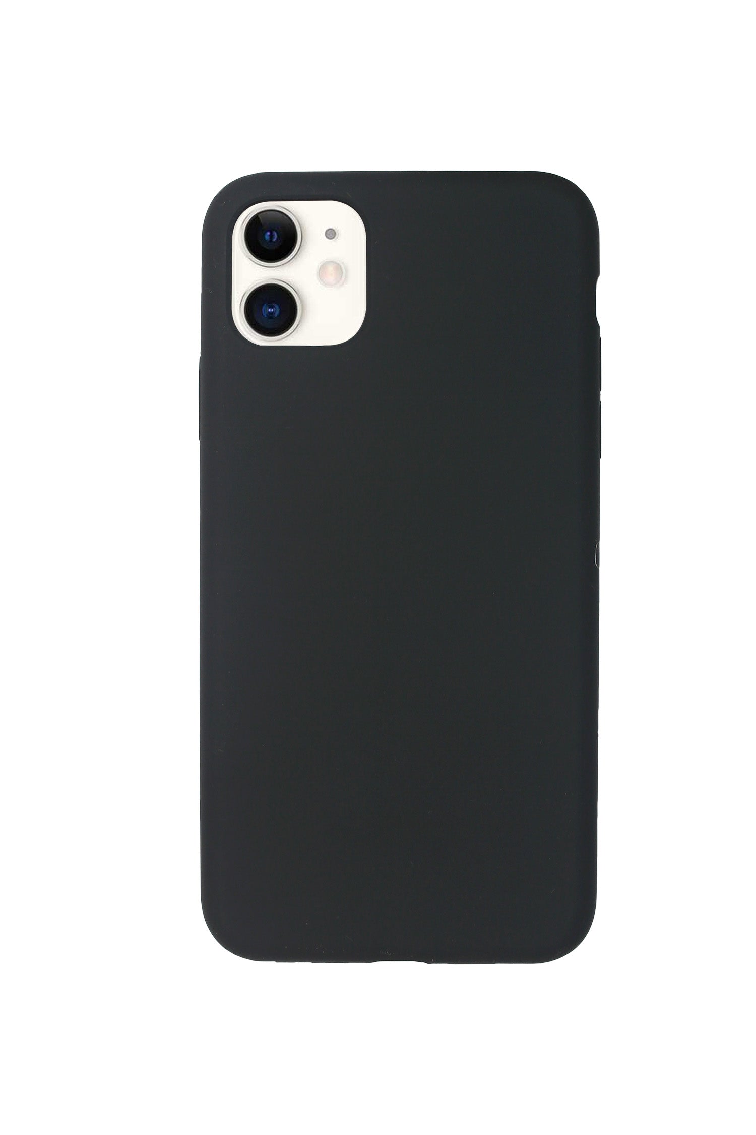 Back view of a black protective case on an iPhone 11, featuring precise cutouts for the dual rear camera and flash. The sleek and minimalist design covers the back and sides of the phone, providing protection while maintaining a slim profile.
