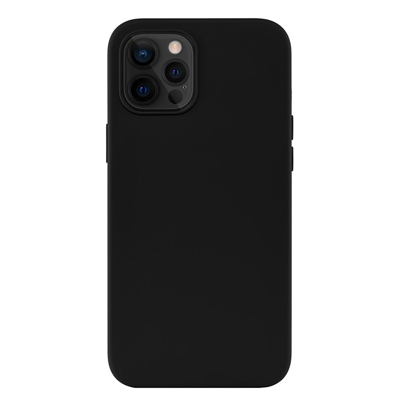 Back view of a black iPhone 12 Pro case with a smooth matte finish. The case features precise cutouts for the triple camera system, raised edges for added protection, and easy access to side buttons, offering a sleek and minimalist design.