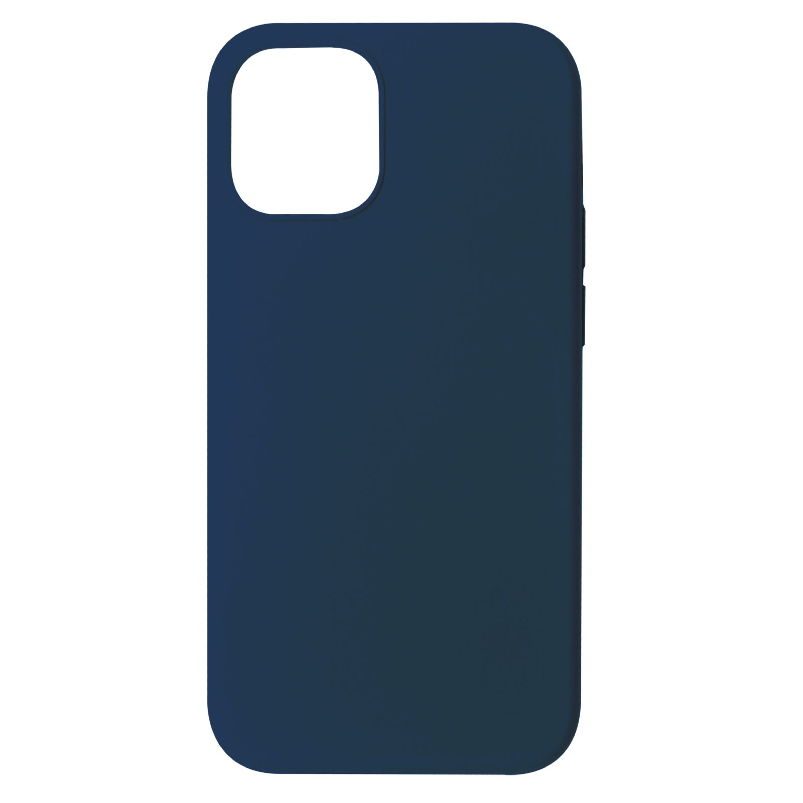 Back view of a navy blue iPhone 12 Pro case featuring a smooth matte finish. The case offers precise cutouts for the camera and buttons, providing full protection while maintaining a minimalist design. It allows easy access to all phone functions.