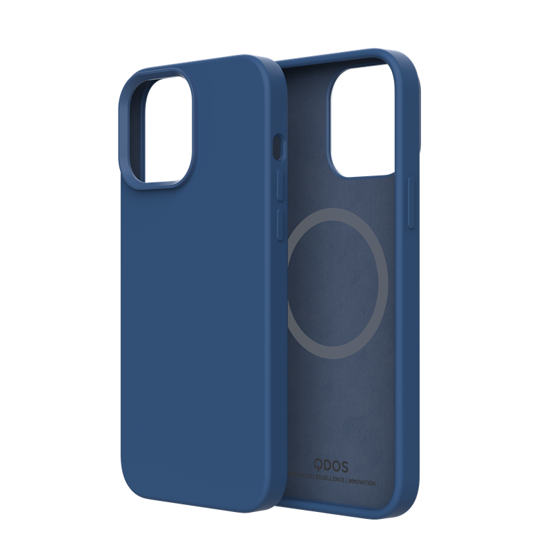 Back and interior view of a blue iPhone 13 Pro Max case with a soft matte finish. The interior features a MagSafe-compatible ring and the QDOS logo. The case offers precise cutouts for the camera and buttons, providing sleek protection and easy access.